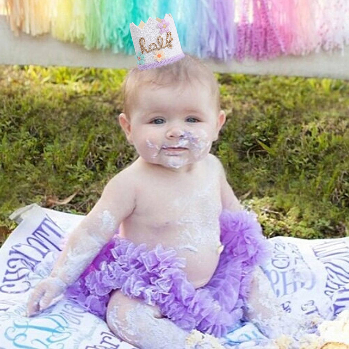 YOUAME Daisy Floral Half Birthday Hat - Flower Cake Smash Crown for 6 Month Baby, Half Way To One Party Crown, Sweet Mini Photo Prop