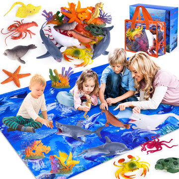 GINMIC Kids Ocean Animals Toys with Large Play Mat , 18 Pack Assorted Realistic Sea Animal Toys with Carrier Bag Including Shark, Whale, Dolphin etc