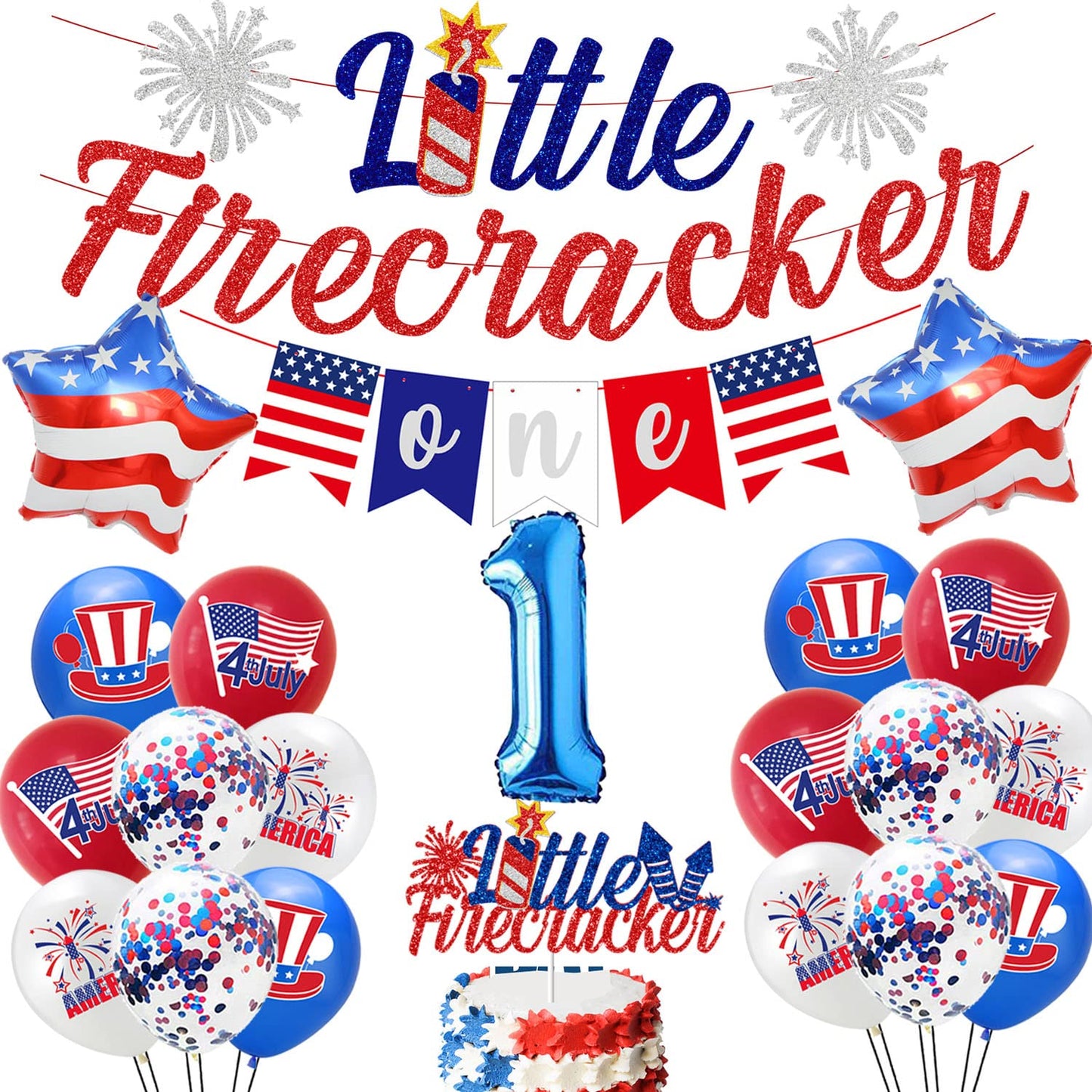 Little Firecracker Birthday Party Decorations 4th of July 1st Birthday Party Supplies Glittery Little Firecracker Banner High chair Banner