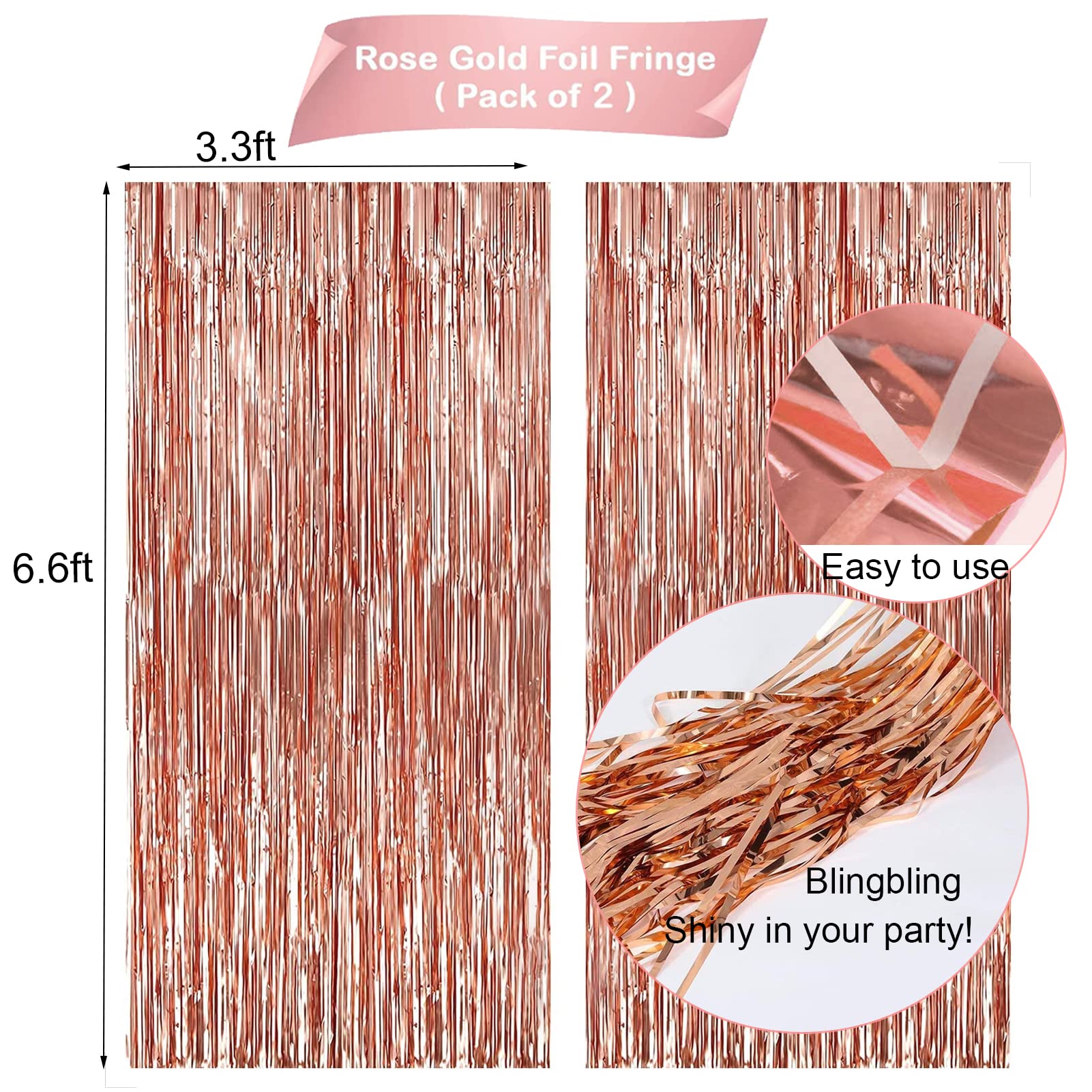 Rose Gold Birthday Party Decorations, Happy Birthday Banner, Rose Gold Fringe Curtain, Heart Star Foil Confetti Balloons, Hanging Swirls for Women