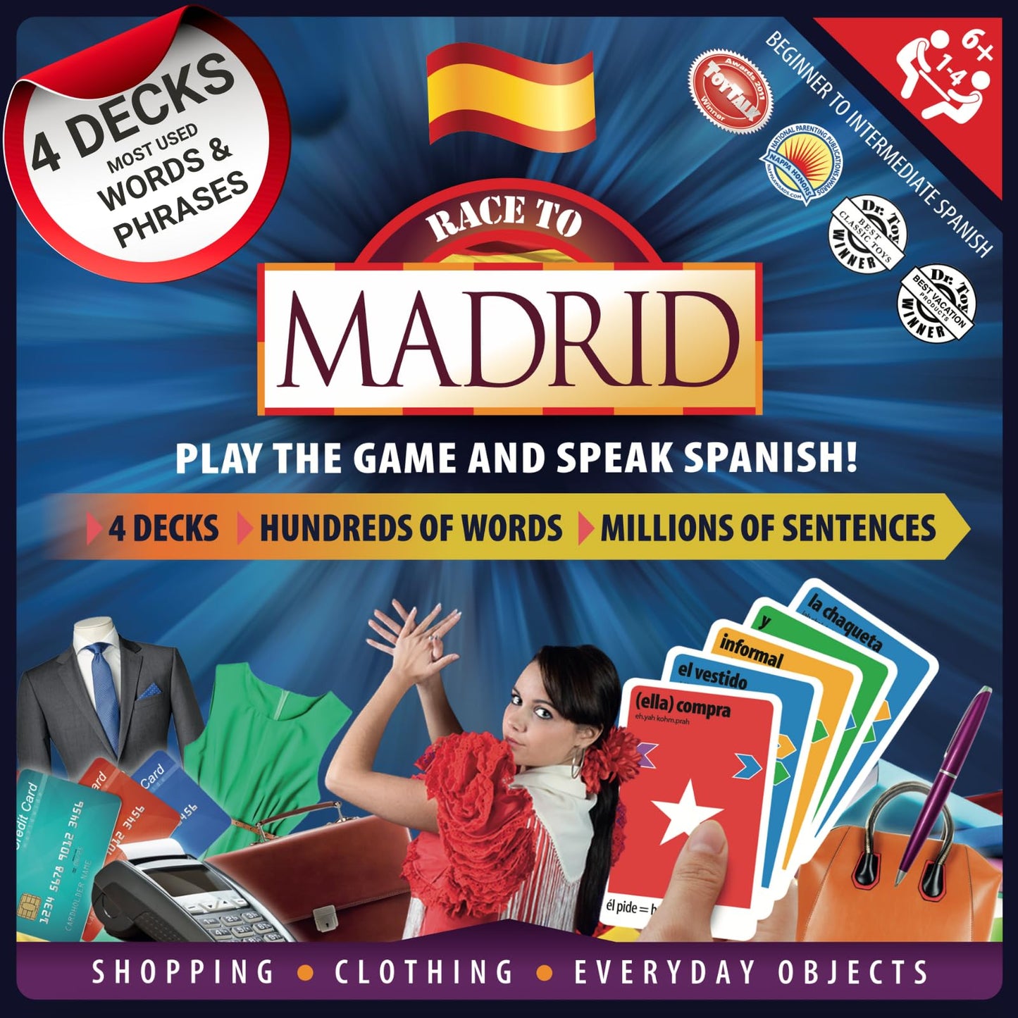 Spanish Board Game - Race to Madrid | Easy to Learn Words, Grammar, Verbs | Fun for Adults, Kids, Beginners, Classroom | 4 Decks Dynamic Flash Cards