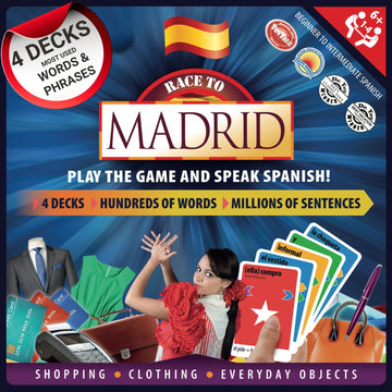 Spanish Board Game - Race to Madrid | Easy to Learn Words, Grammar, Verbs | Fun for Adults, Kids, Beginners, Classroom | 4 Decks Dynamic Flash Cards