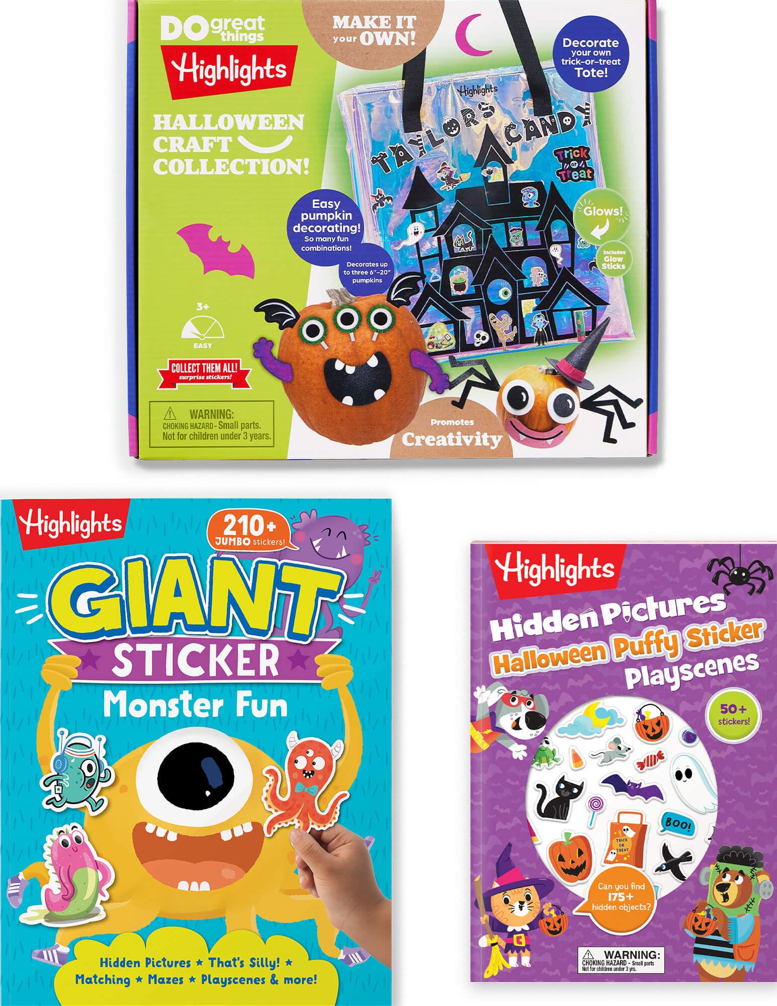 Highlights Halloween Craft and Book Bundle for Kids Ages 3-6, Customize a Glow-in-The-Dark Trick-or-Treat Tote Bag, Halloween Puffy Sticker Playscenes