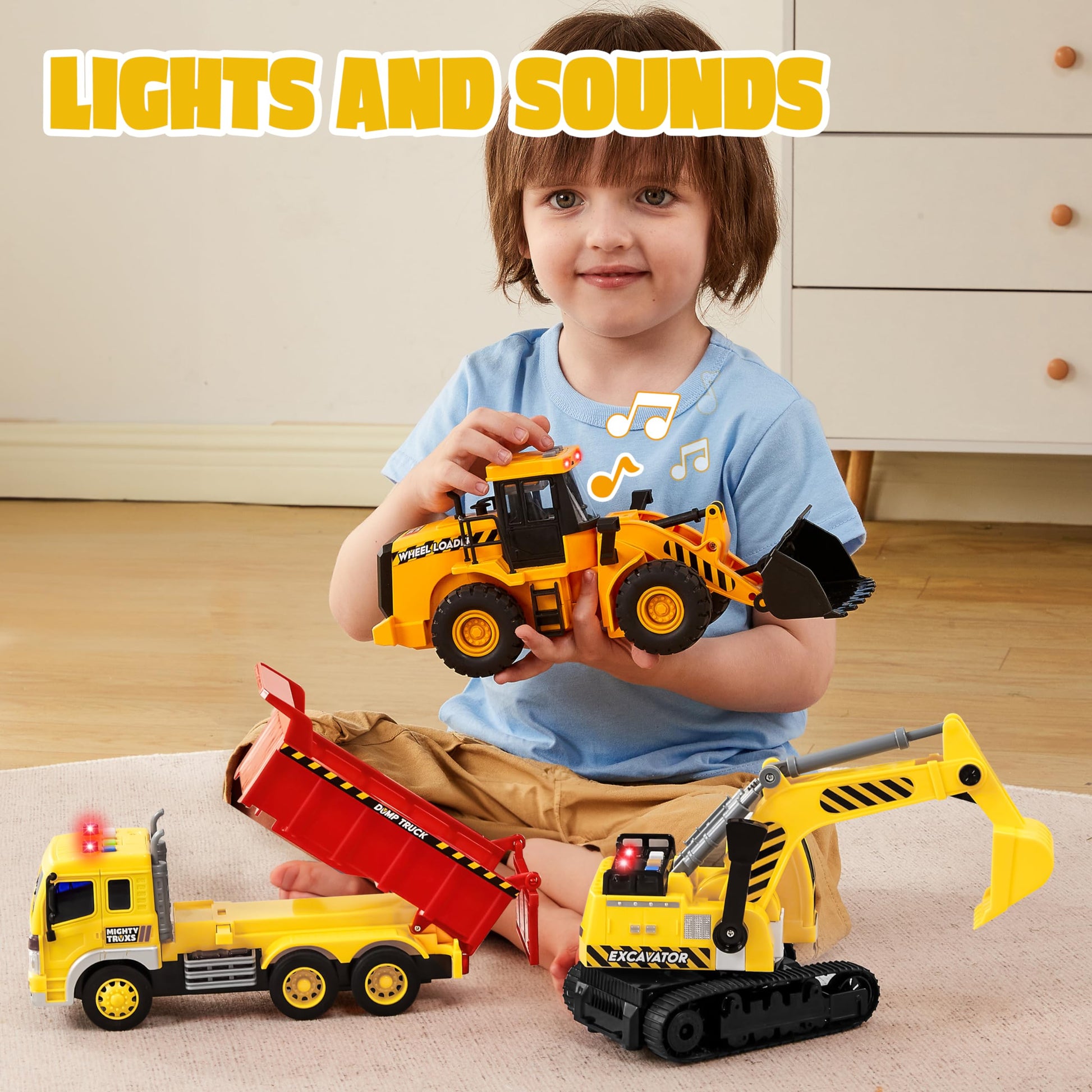 JOYIN 3 Pack Construction Toy - Excavator, Dump Truck and Loader, Moveable Claw & Lifting Back, Construction Truck Toy, Birthday Gift for Toddler Boys