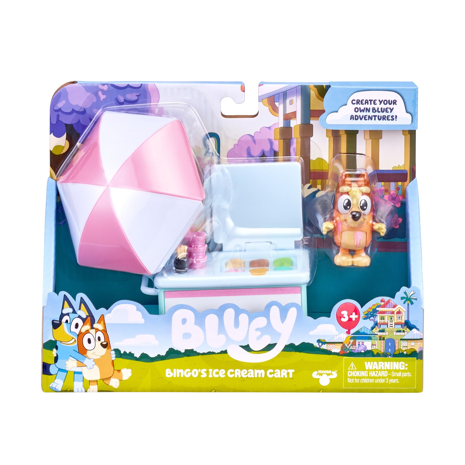 Bluey Vehicle & Figures Ice Cream Cart Toy Playset, Portable Ice Cream Push Cart with 2.5” Articulated Bingo Figure, Play Food Truck for Kids Ages 3+