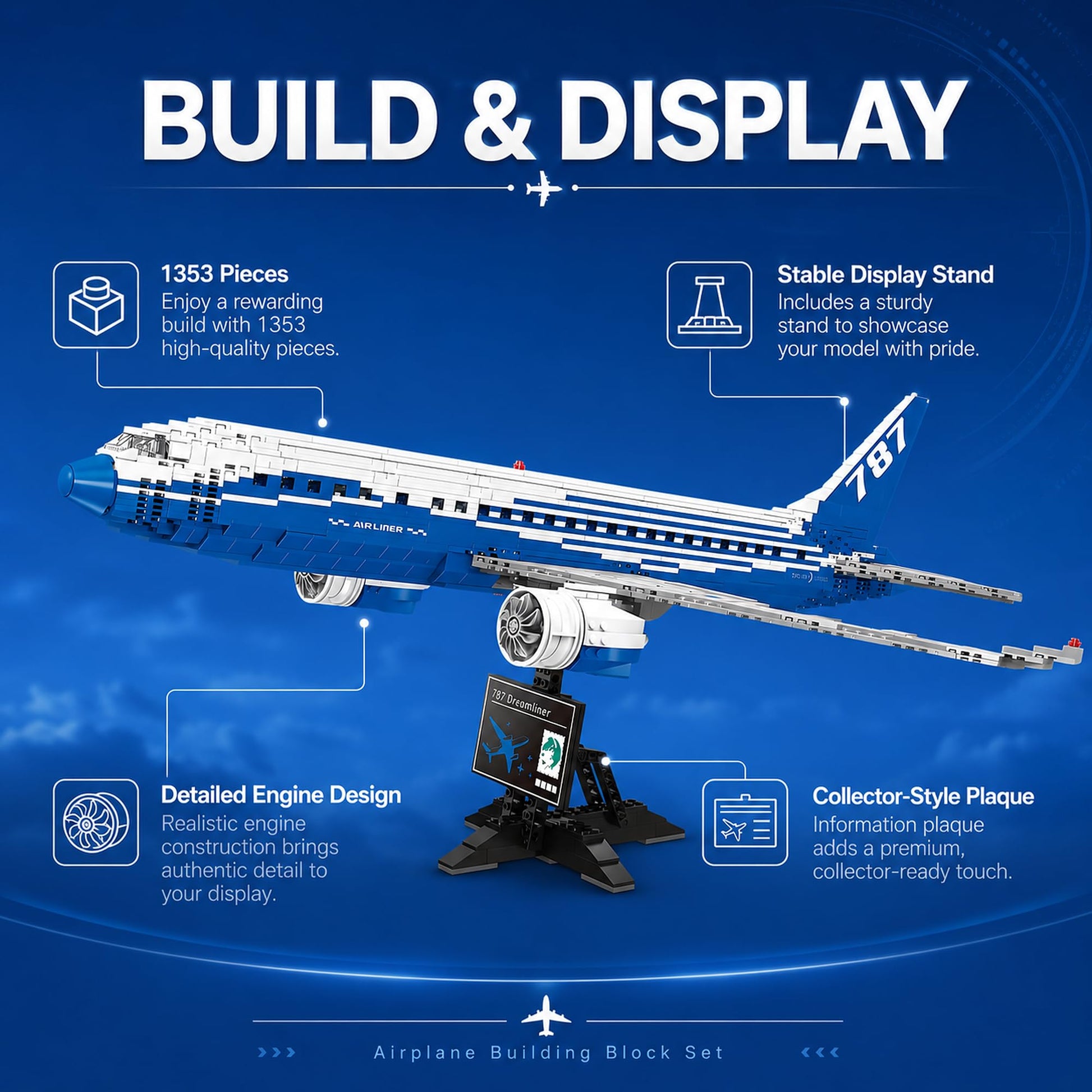 LQPFBSM Boeing 787 Airliner Building Block Set 1353 Pcs Large Passenger Plane Model Kit with Display Stand Commercial Aircraft Building Bricks