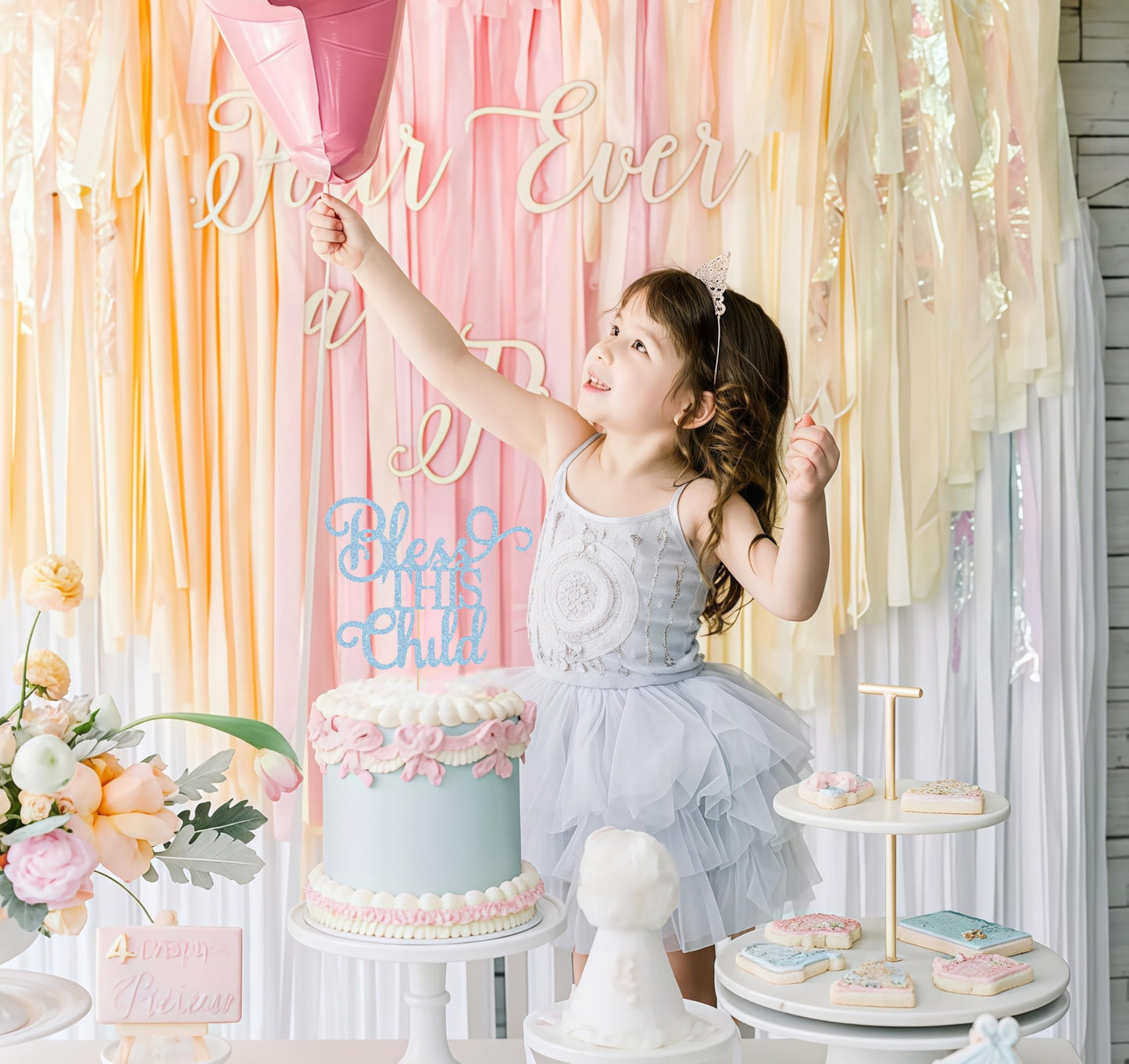 AHAORAY Bless This Child Cake Topper - Light Blue Glitter Chlid Christening Cake Decoration Supply - Smash Cake Topper for First Holy Communion