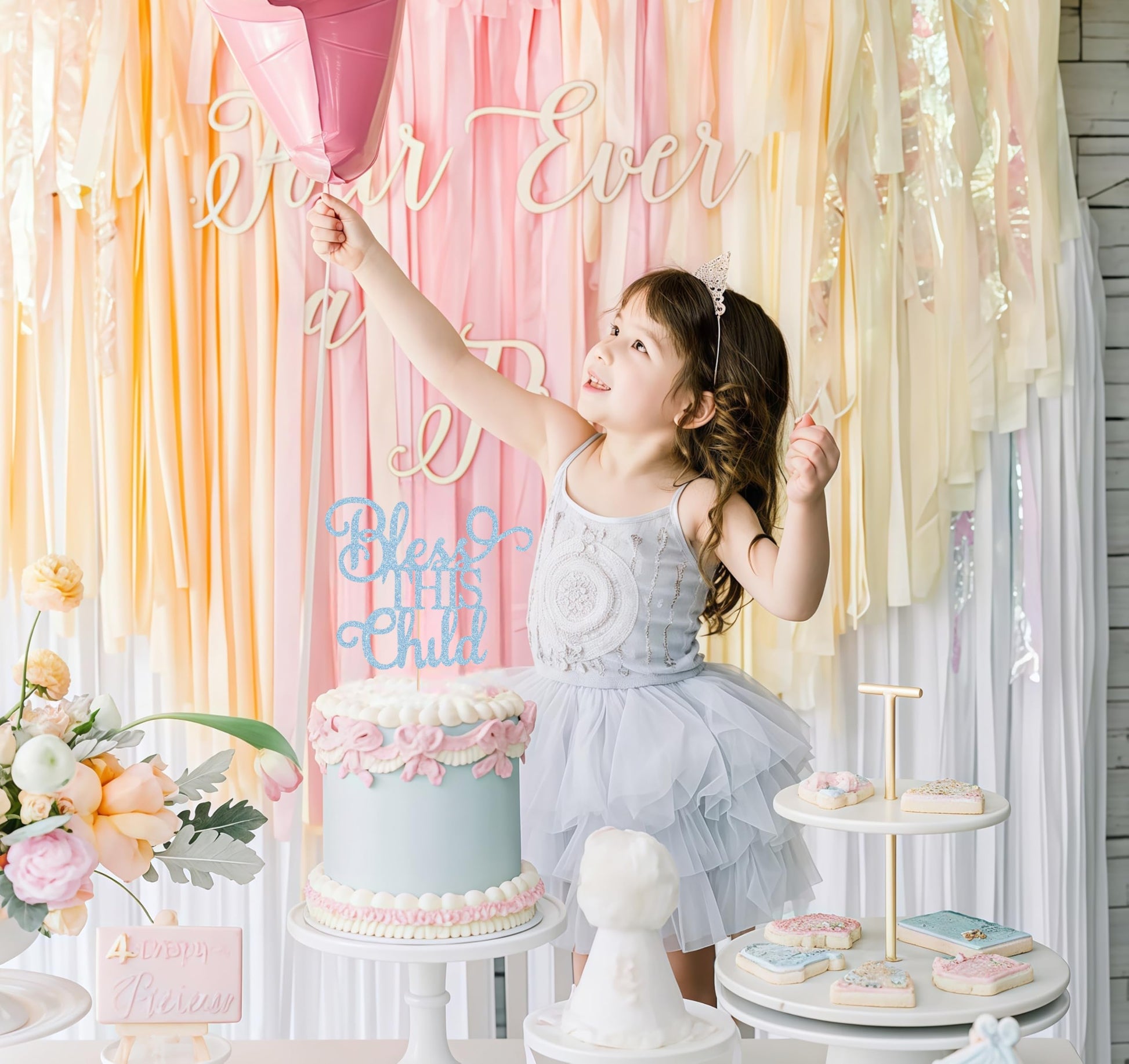 AHAORAY Bless This Child Cake Topper - Light Blue Glitter Chlid Christening Cake Decoration Supply - Smash Cake Topper for First Holy Communion