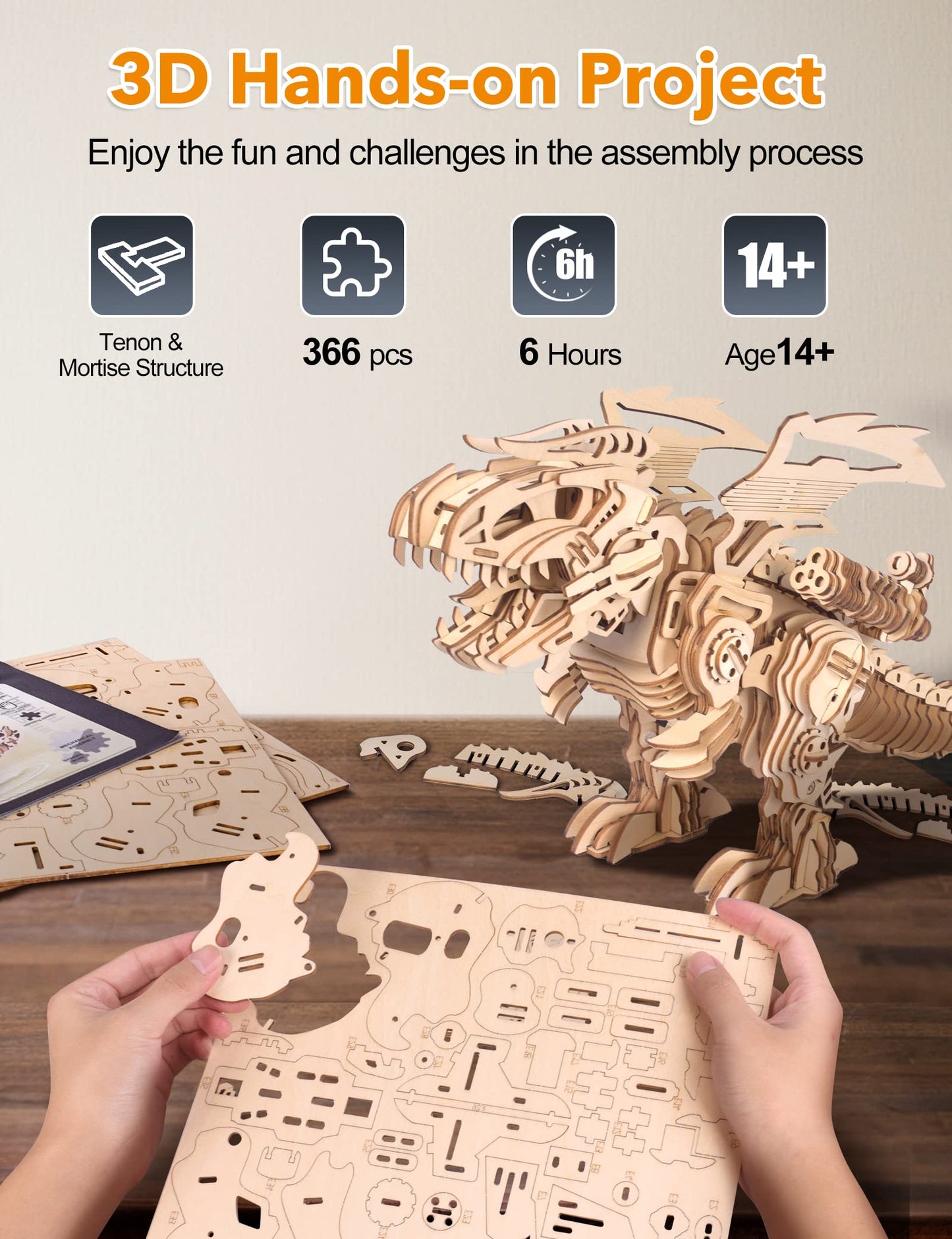 MIEBELY 3D Wooden Puzzles for Adults - T-Rex Dinosaur Model Kits can Walk and Roar, Mechanical Dinosaur STEM Toys for Boys Kids Ages 8-10-12-14, 3-D