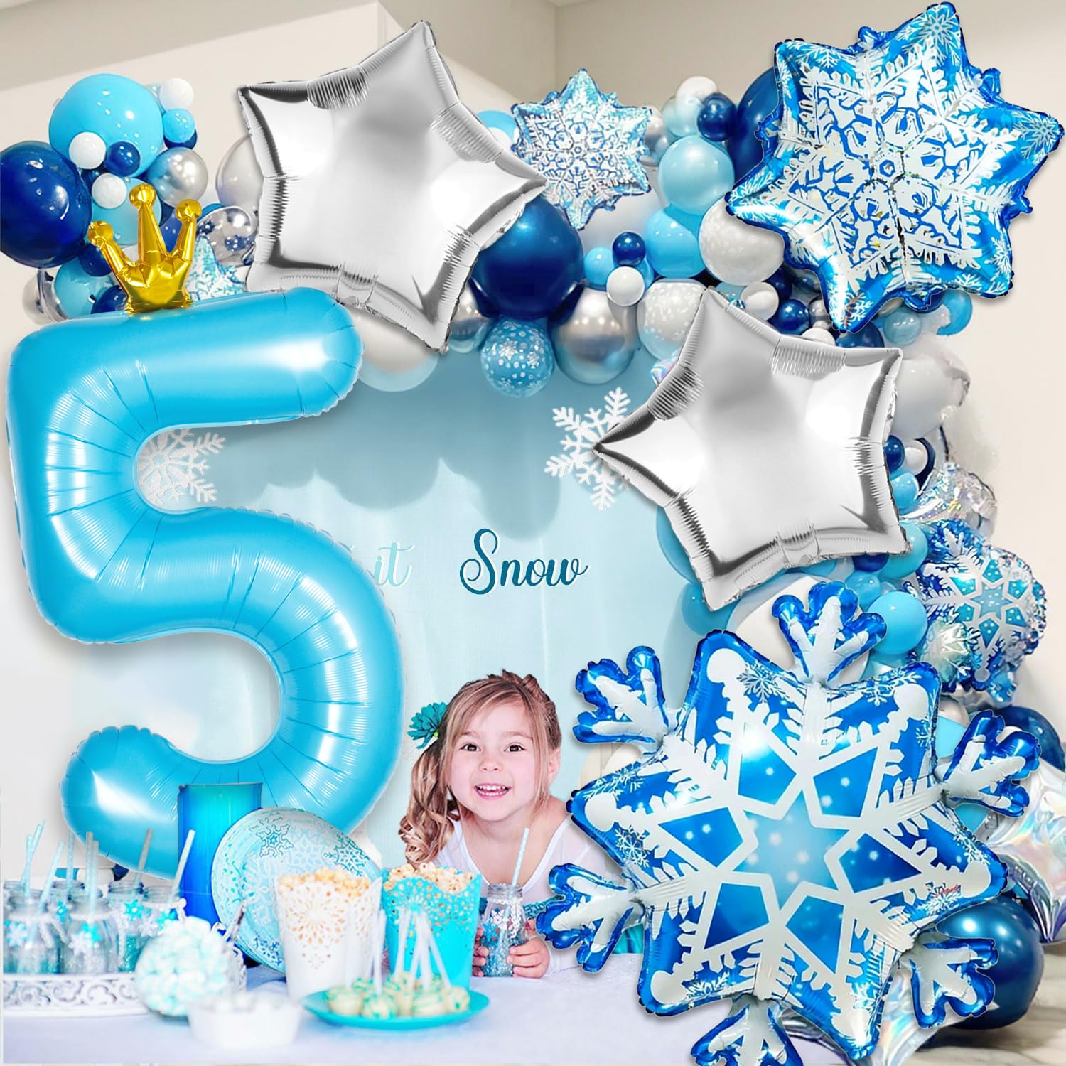 Frozen 4th Birthday Party Decorations Balloon, 40" Elsa 4 Balloon with Crown SnowFlake Foil Mylar Balloons for Princess Anna Elsa Frozen Theme
