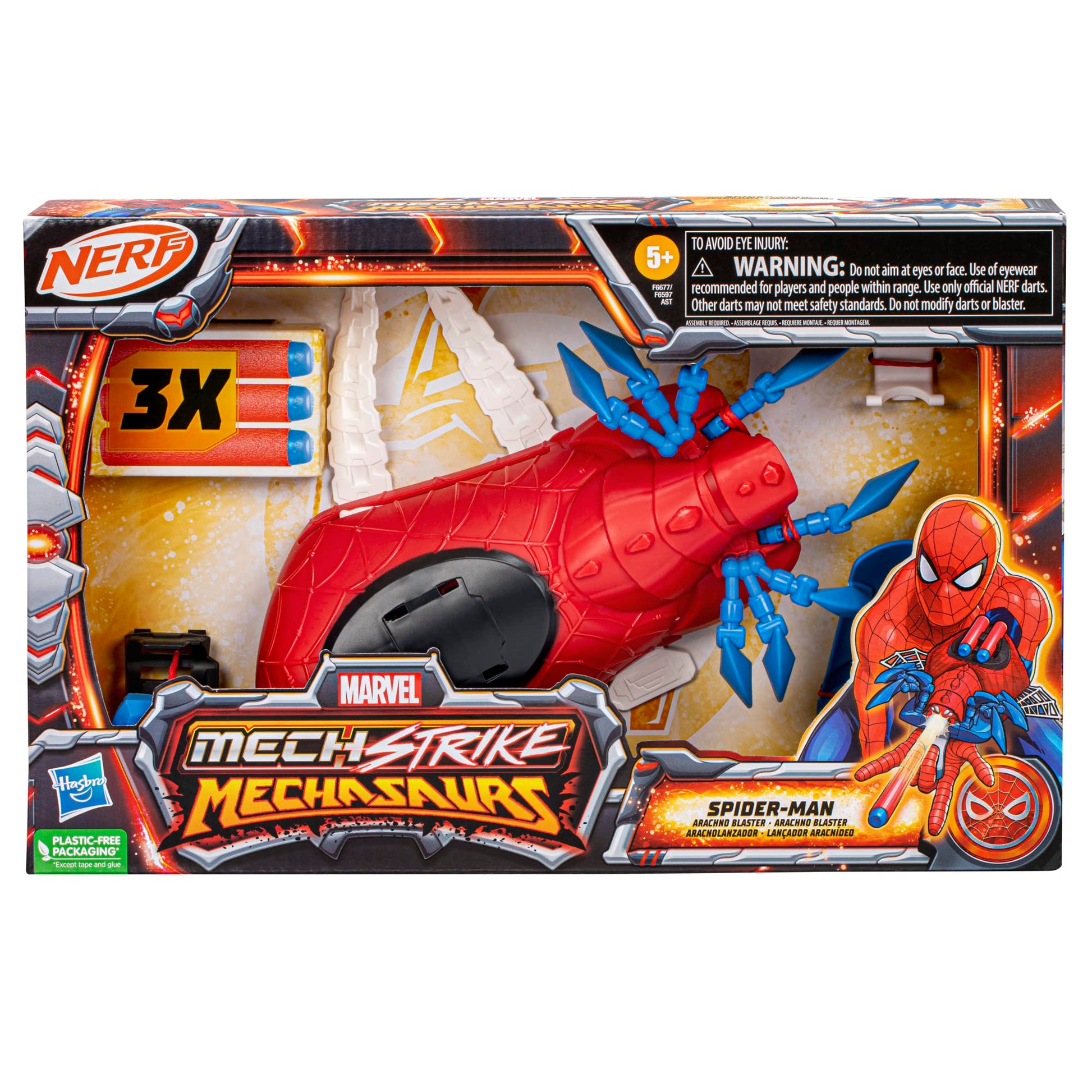 Marvel Mech Strike Mechasaurs Spider-Man Arachno Blaster, NERF Blaster with 3 Darts, Role Play Super Hero Toys for Kids Ages 5 and Up