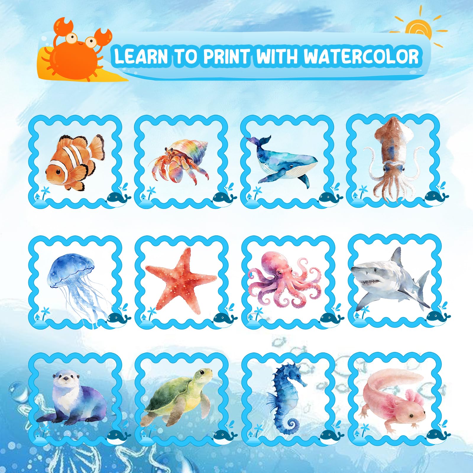 Watercolor Workbook, 24 Colors Solid Paint Set, Ocean Themed DIY Patterns, Anti-Bleed Paper, Beginner Friendly Art Kit For Adults