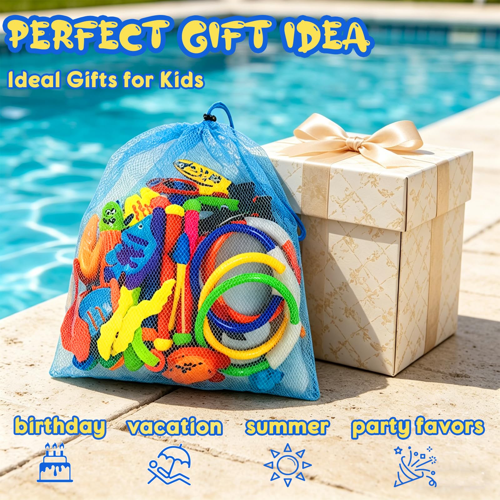 FUNCSDIK 35PCS Diving Pool Toys for Kids, Summer Underwater Diving Toys Set with Dive Sticks Rings Gems Storage Bag, Swimming Pool Toys for Fun Pool