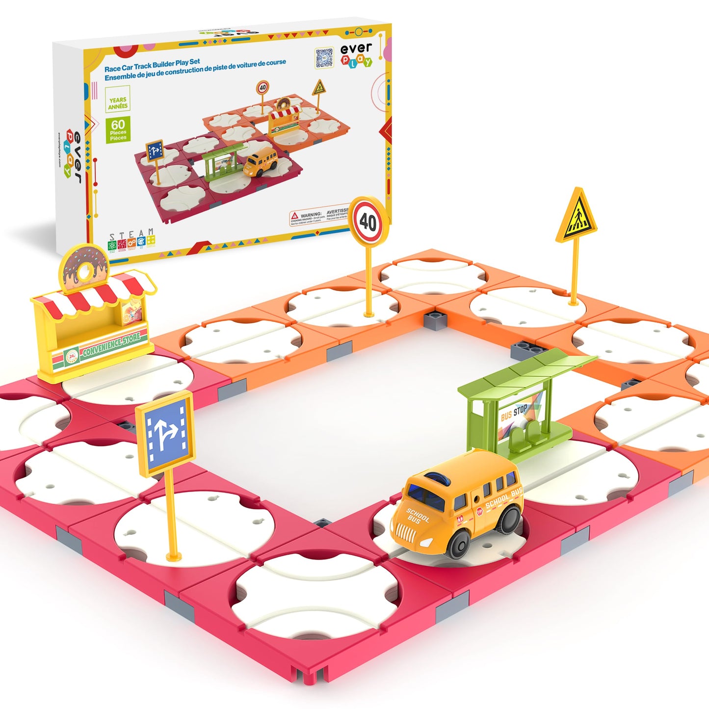 Everplay 60PC Race Car Track Builder Building Blocks Playset Reversible Racing Tracks School Bus & Accessories Educational STEM Development Creative