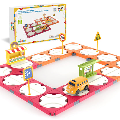 Everplay 60PC Race Car Track Builder Building Blocks Playset Reversible Racing Tracks School Bus & Accessories Educational STEM Development Creative