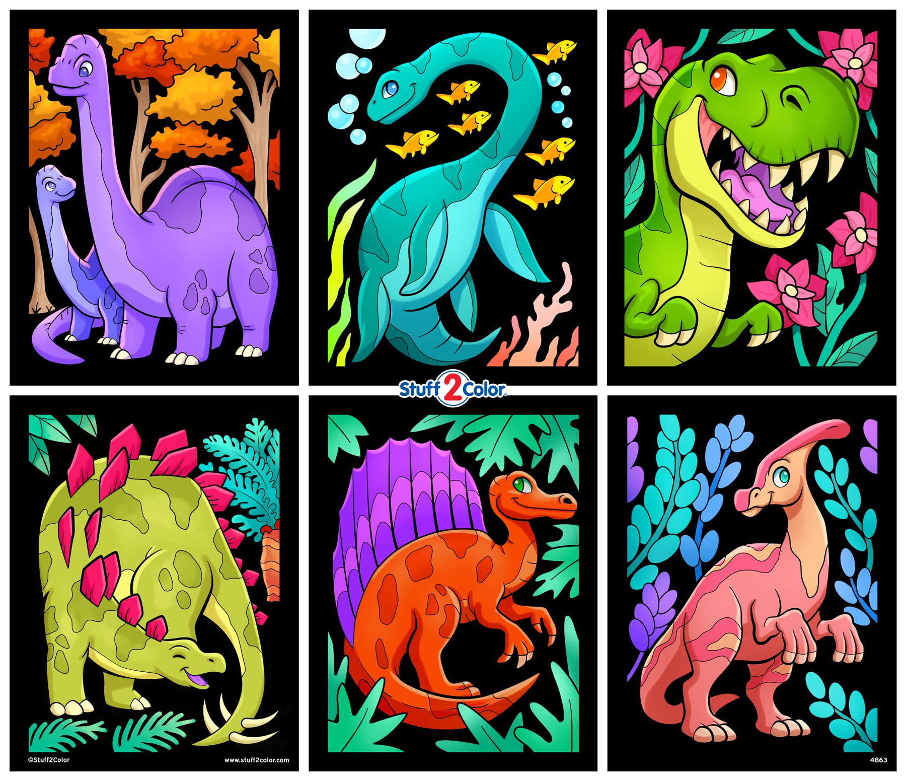 Dinosaurs - 6 Pack of Fuzzy Velvet Coloring Posters for Kids, Toddlers, Girls, and Boys (All Ages Arts and Crafts Activity) - Includes T-Rex