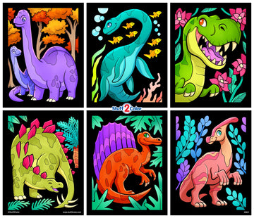 Dinosaurs - 6 Pack of Fuzzy Velvet Coloring Posters for Kids, Toddlers, Girls, and Boys (All Ages Arts and Crafts Activity) - Includes T-Rex