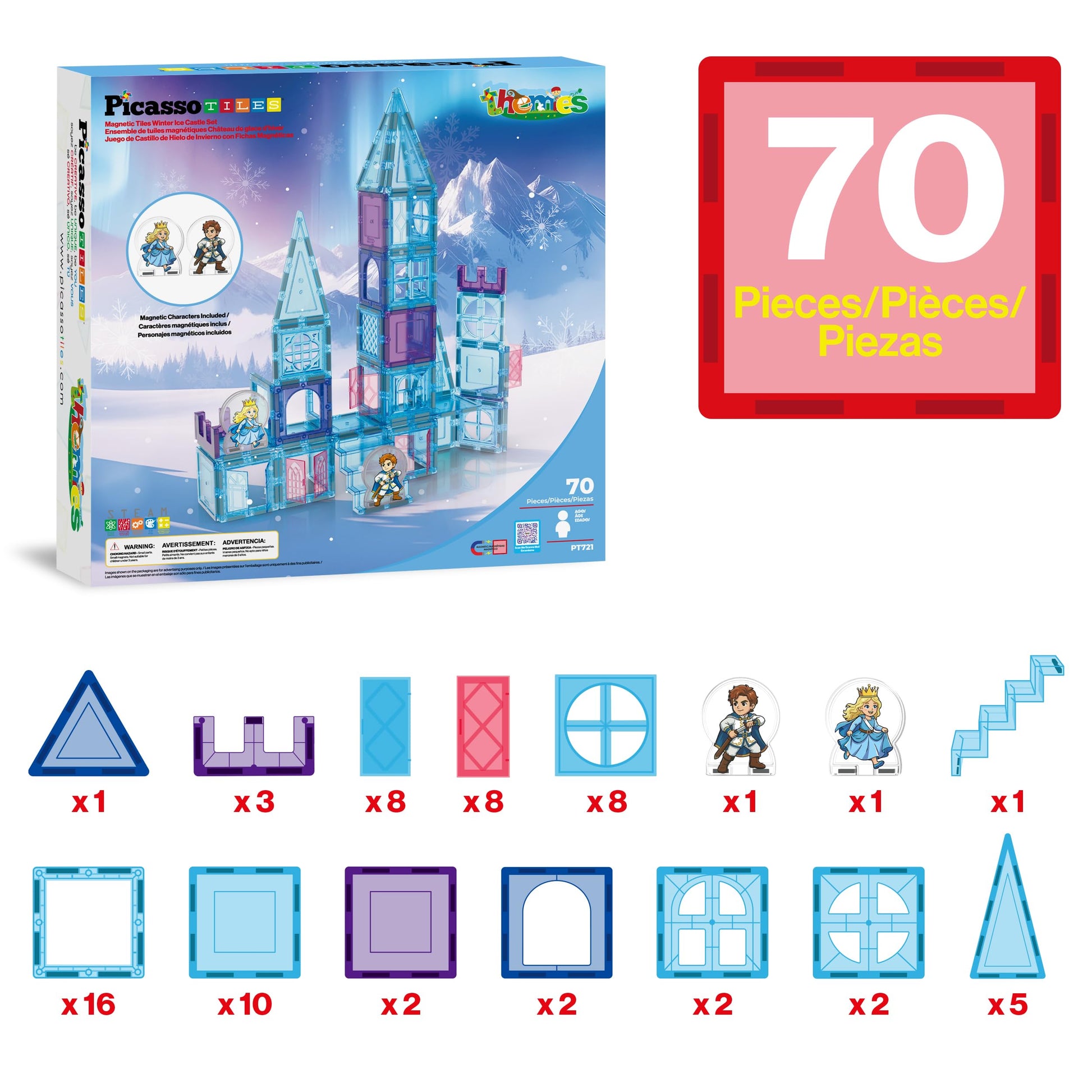 PicassoTiles 70pc Magnetic Tiles Winter Ice Castle Construction Magnet Tile Block Set with Princess Prince Characters Stair Case Windows Doors Pretend