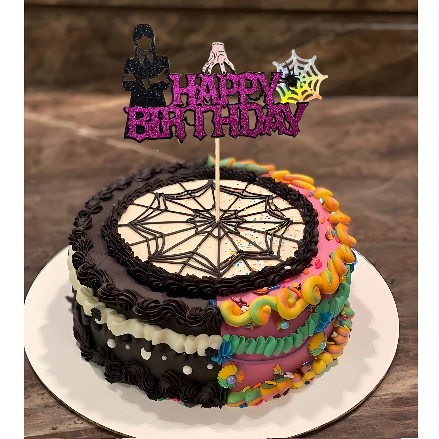 1Pcs Wednesday Addams Happy Birthday Cake Topper - Spider Web Thing Hand Wednesday Girl Cake Decoration - Wednesday Addams Birthday Party Supplies