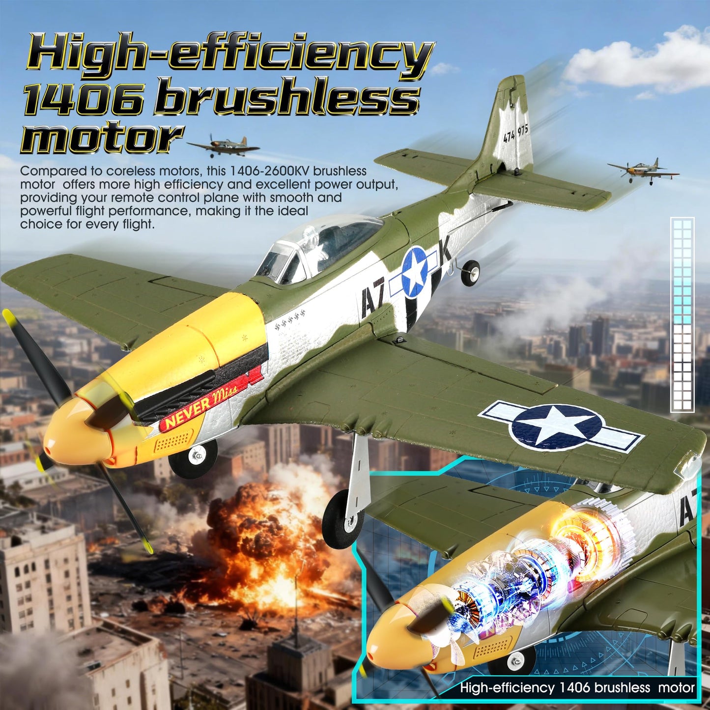 SAYZON RC Plane for Adults 5 Channels Brushless P51D Mustang RC Airplane 3D/6G 2.4G RTF RC Plane 510mm Fixed-Wing Remote Control Plane with 2