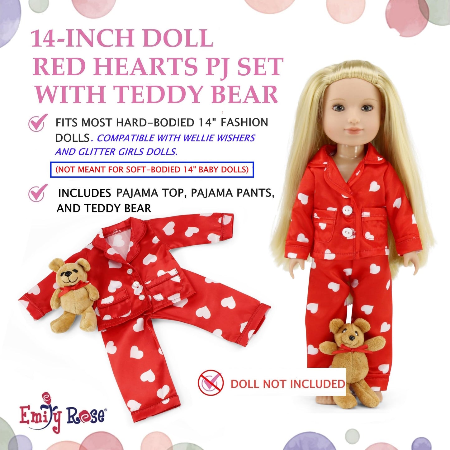 Emily Rose 14 Inch Doll Silky Red & White Heart Set Gift Boxed | USA Brand 3-Piece Sleeping Outfit with Teddy Bear Companion | Encourages Creative