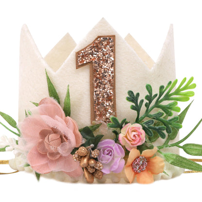 MADENG Floral Greens 1st Birthday Outfit - Bohemian Woodland Camping Party Decorations, Girl's Froal One Birthday Hat and Leaf Crown