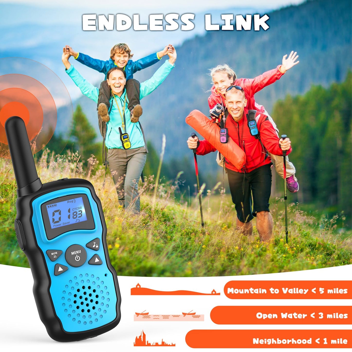 Wishouse Walkie Talkies for Kids Adults Rechargeable 4 Sets with 2 USB Chargers|4X3000mAh Batteries|Lanyards|Family Walky Talky Long Range for Hiking