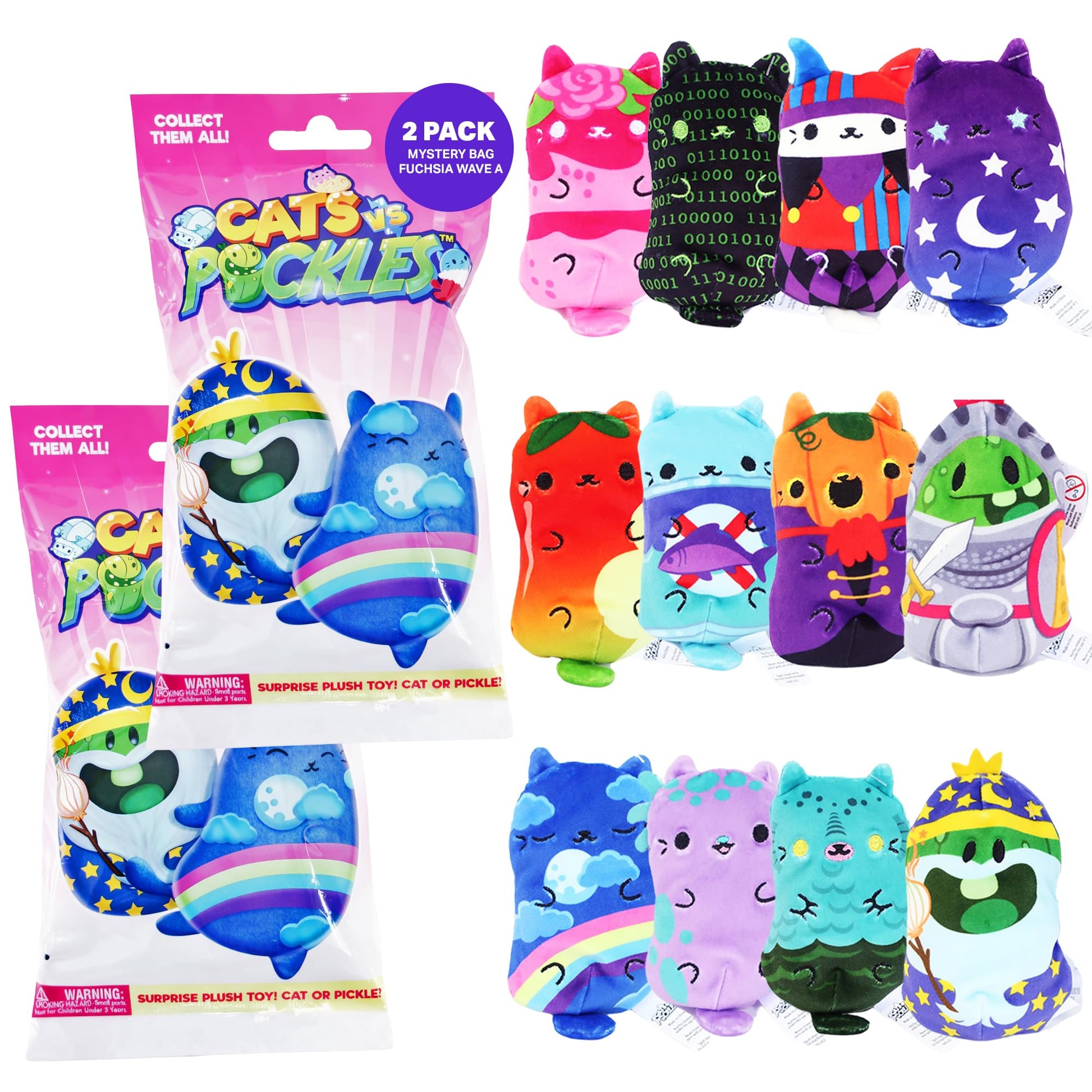 Cats vs Pickles 2pk Mystery Bags Fuchsia Wave Bean Filled Plushies - Stocking Stuffers - Blind Bags for Girls and for Boys - Sensory Friendly Surprise