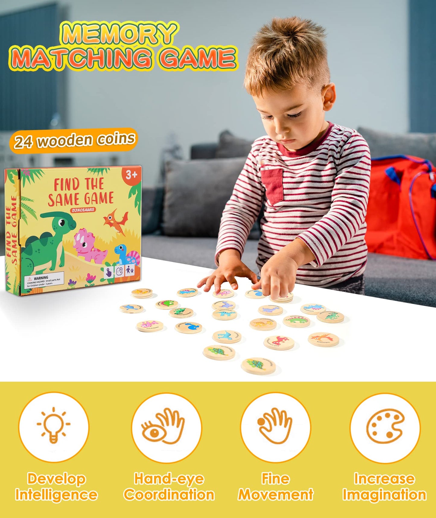 Protado Wooden Memory Game for Kids, 24 Dinosaur Matching Cards
