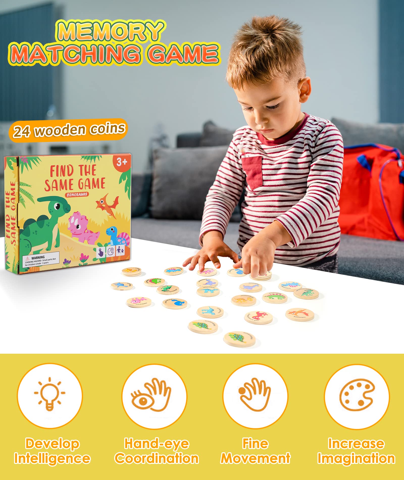 Protado Wooden Memory Game for Kids, 24 Dinosaur Matching Cards
