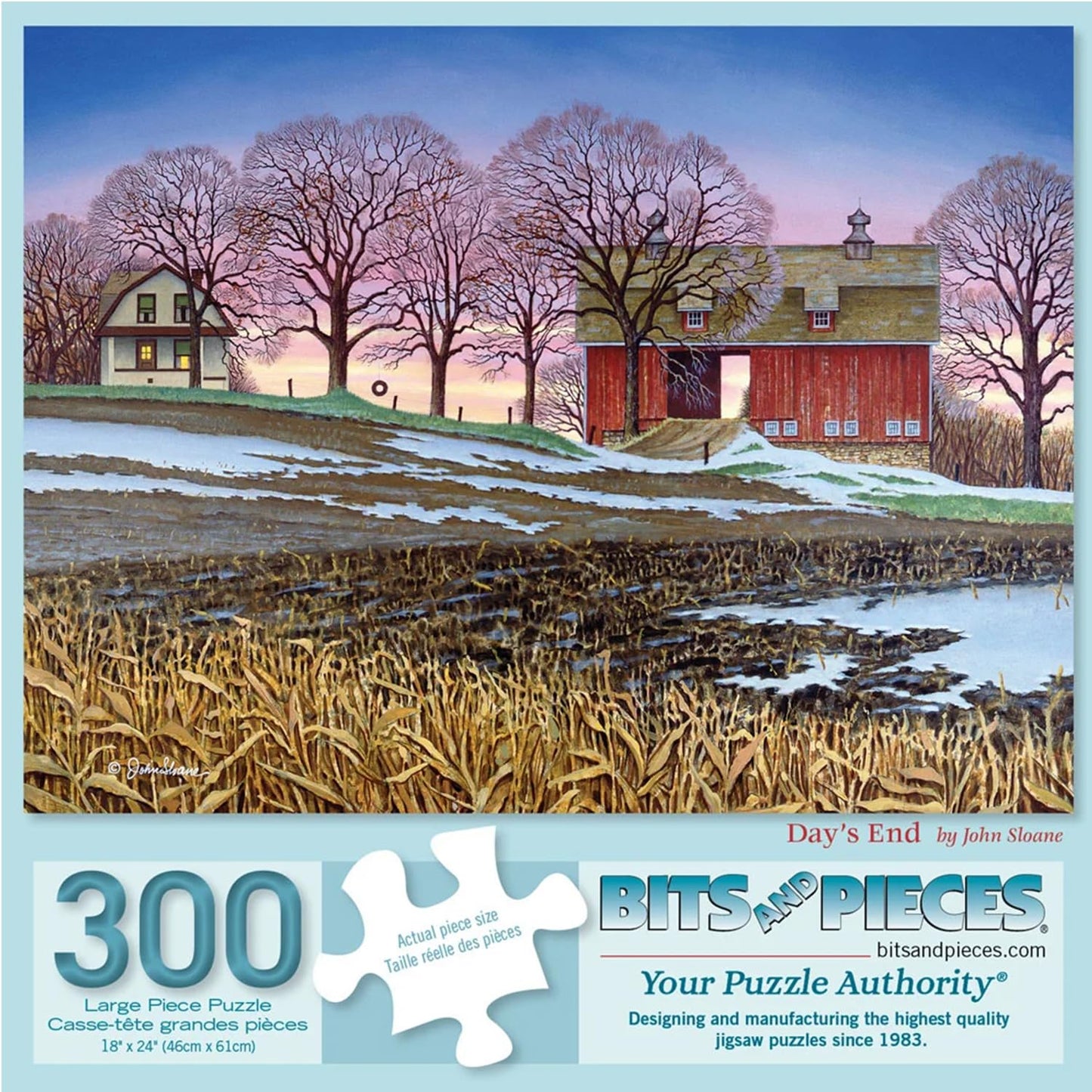 Bits and Pieces 300 Piece Puzzles for Adults Day's End 300 Large Pieces 18" x 24" Jigsaw Puzzles, Fall Winter Farm Landscape, Random Die Cut Pieces No