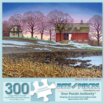 Bits and Pieces 300 Piece Puzzles for Adults Day's End 300 Large Pieces 18" x 24" Jigsaw Puzzles, Fall Winter Farm Landscape, Random Die Cut Pieces No