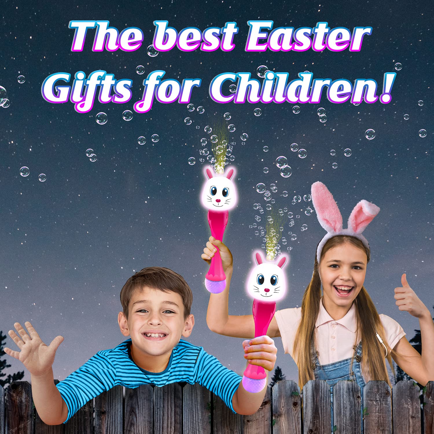 Easter Basket Stuffers for Toddler, Bunny Bubble Wand, Easter Basket Essentials, 14" Light Up Automatic Bubble Maker with LED & Music, Toys