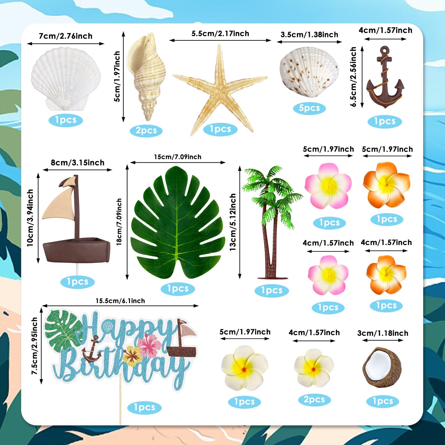 22PCS Hawaiian Cake Decorations Set with Sea Shell Including Coconut Tree Cake Decorations Boat Flowers Starfish Conch Leaves for Summer Party