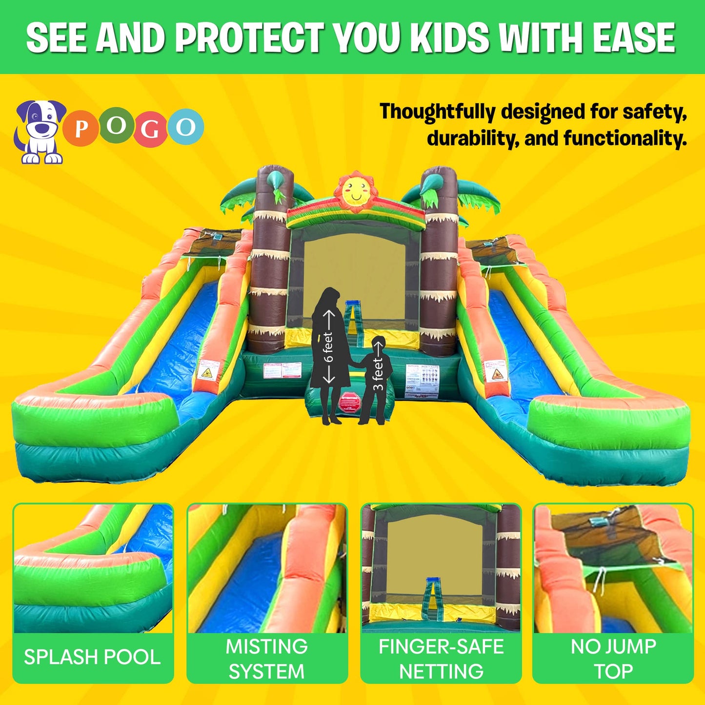 Pogo Bounce House Inflatable Jump Castle Dual Water Slide, Pools, Tropical