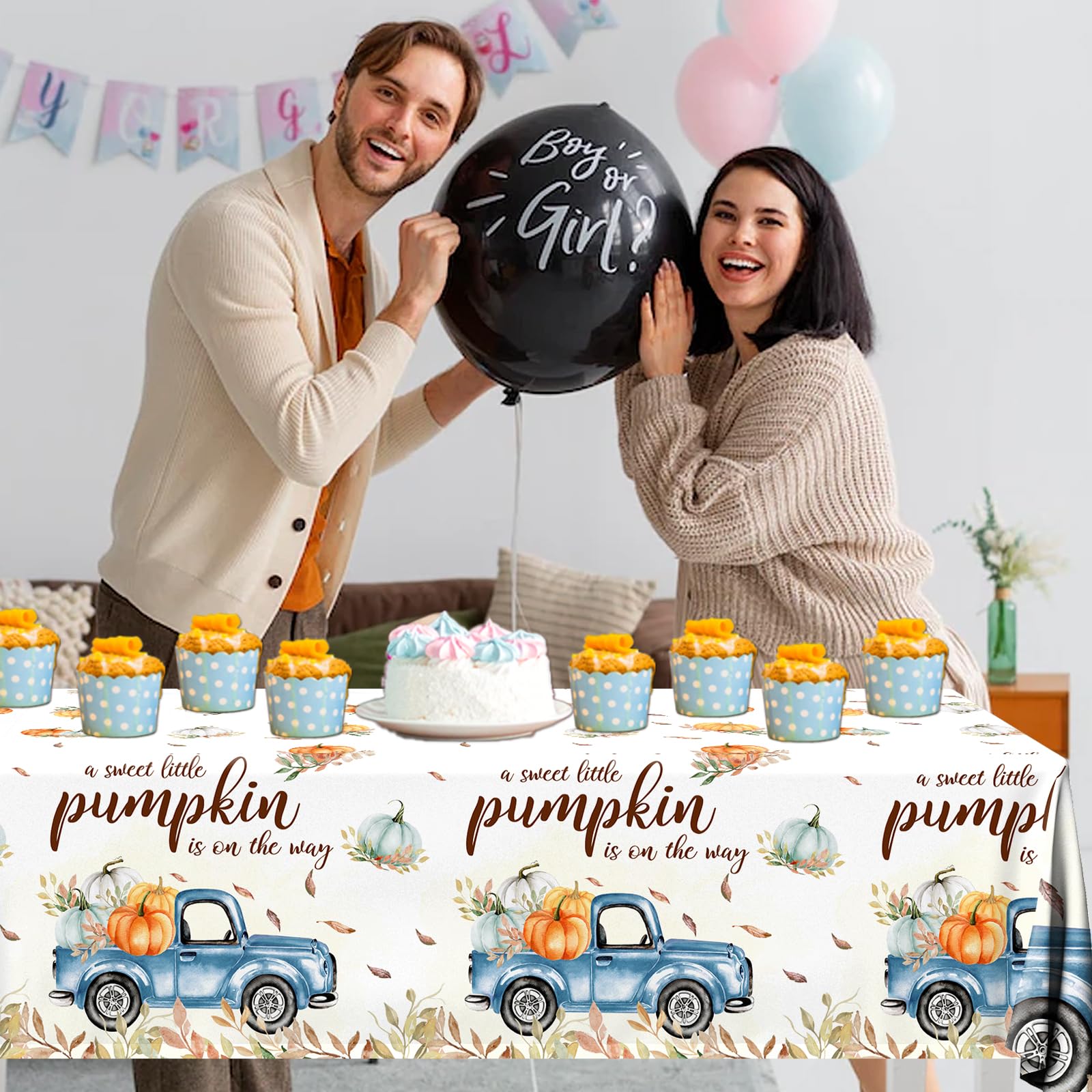 Juweked 3Pcs Pumpkin Tablecloth,A Sweet Little Pumpkin is On The Way Decorations,Fall Blue Baby Shower Tablecloth for Boy Birthday Party Disposable