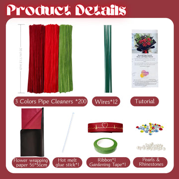 YYUENG TAK 200 pcs Red Pipe Cleaner Flowers Craft kit for DIY Rose Bouquet with tutoria,Chenille Stem Flowers Craft with 12 pcs Green Floral