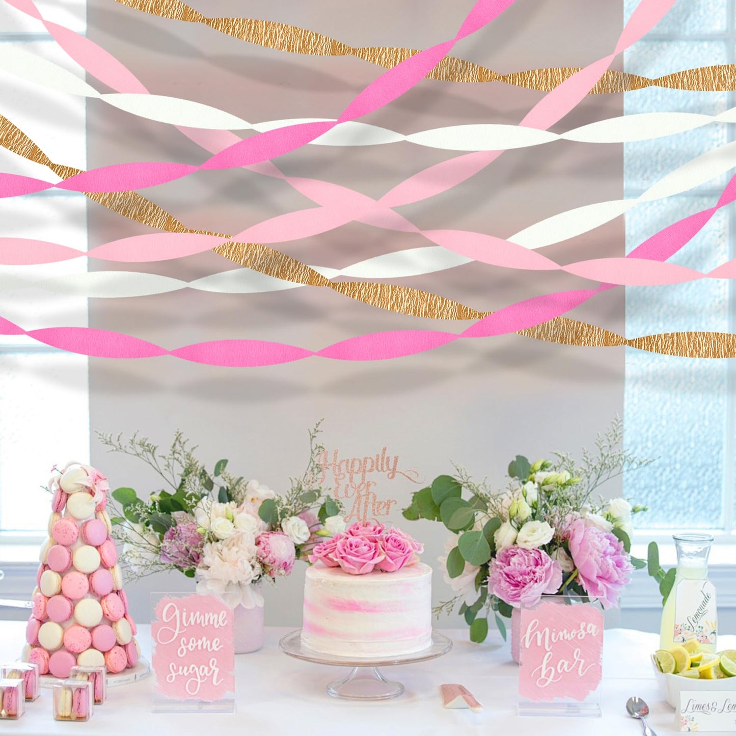 Pink Streamers Party Decorations, 8 Rolls 656ft Pink and Gold Crepe Paper Streamers for Wedding, Bridal Shower, Baby Shower, Birthday, Valentines Day