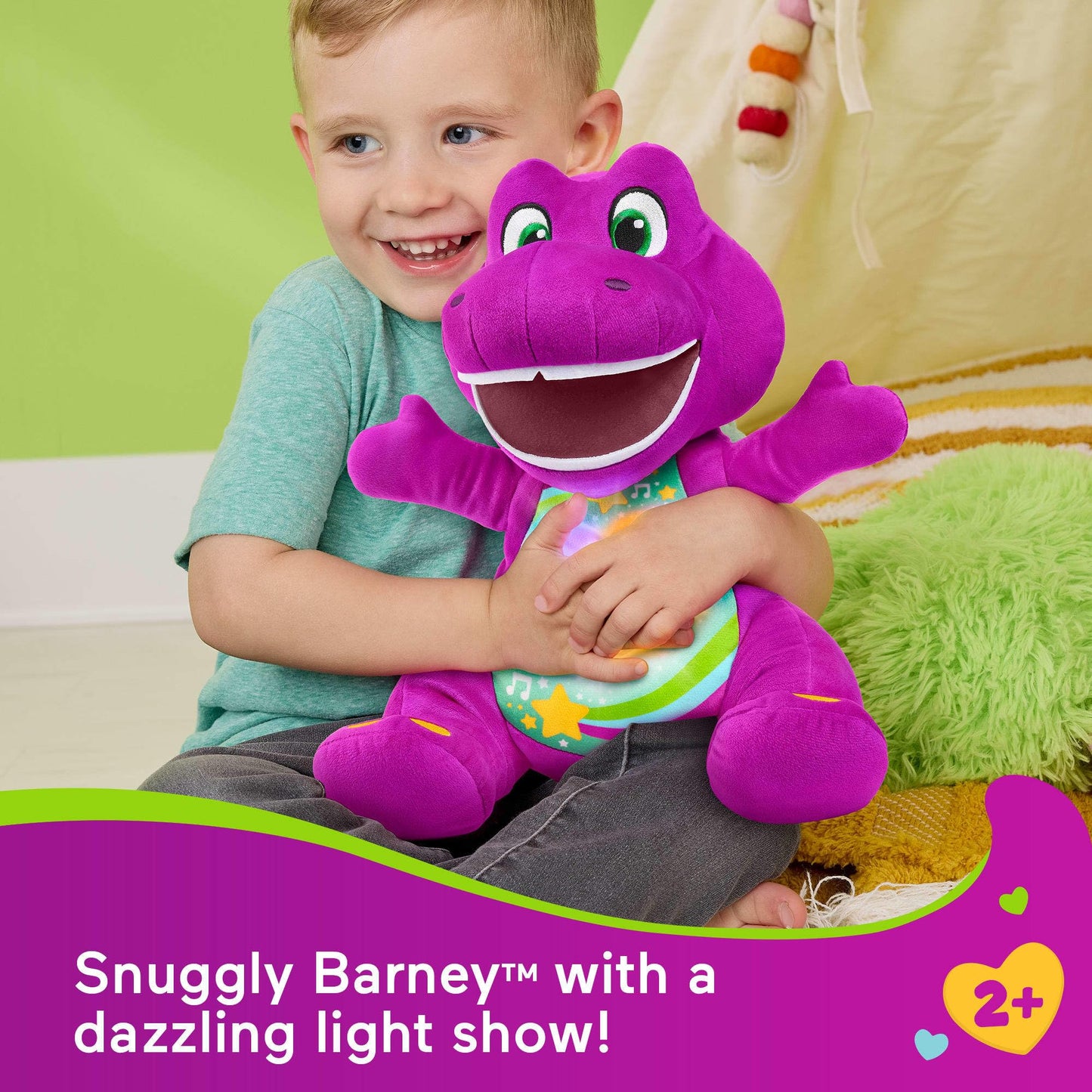 Fisher-Price Barney’s World Toddler Toy Heart Glow Barney Plush with Music & Lights for Pretend Play Preschool Kids Ages 2+ Years