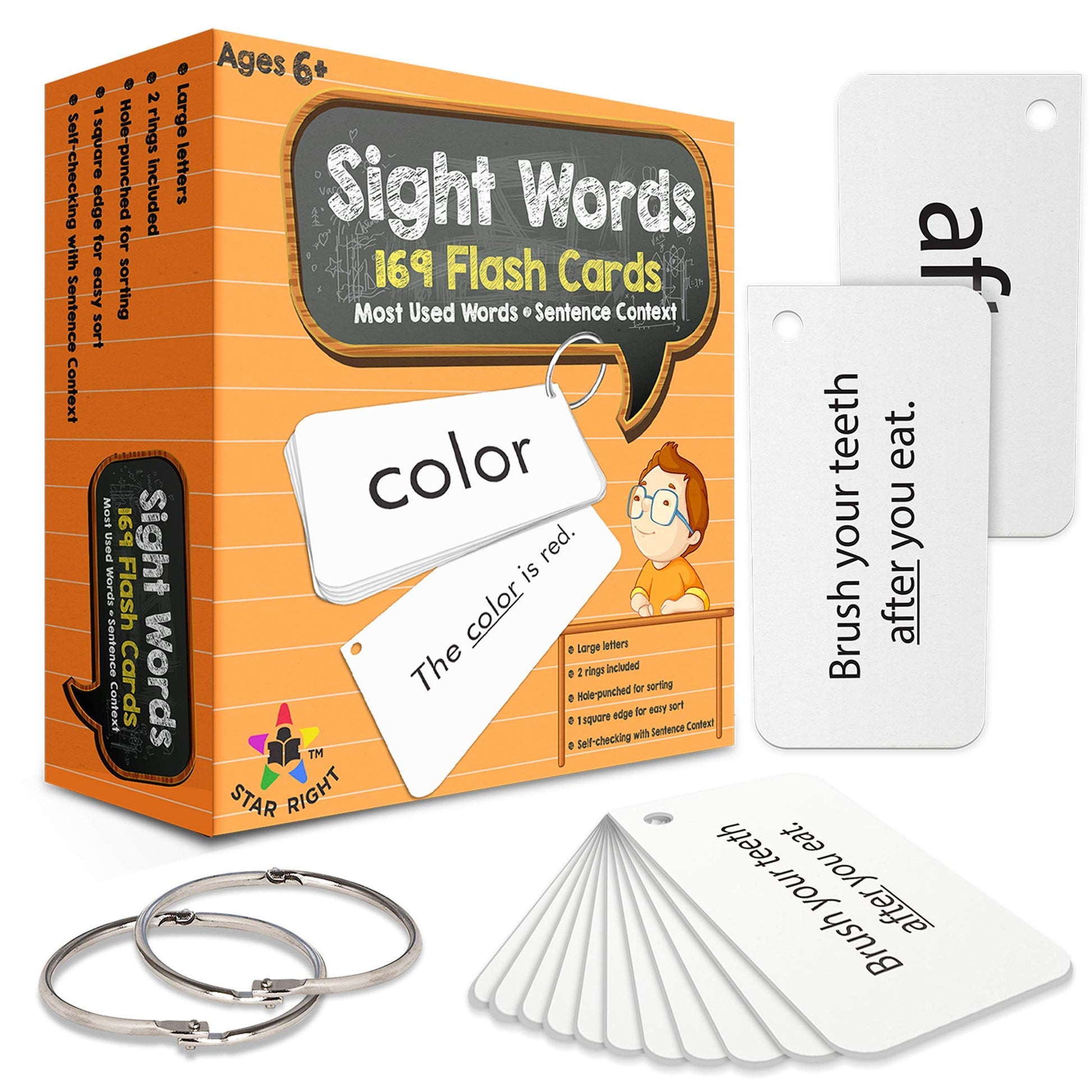 Star Right Education Sight Word Flash Cards, 169 Sight Words and Sentences with 2 Rings