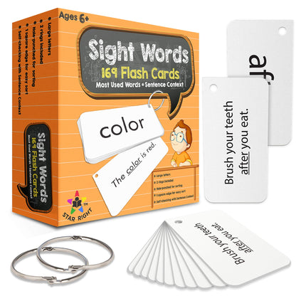 Star Right Education Sight Word Flash Cards, 169 Sight Words and Sentences with 2 Rings