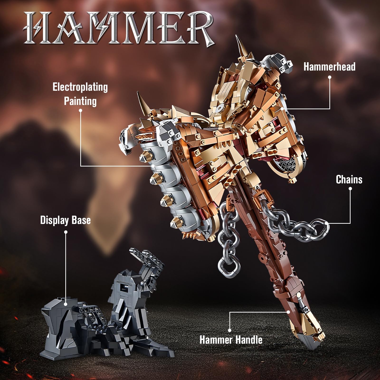 Finger Rock Thor Battle Hammer Building Blocks Set for Adults, Legendary Hammer Building Kit with a Base for Display, 1388 PCS Classic Toy Weapon