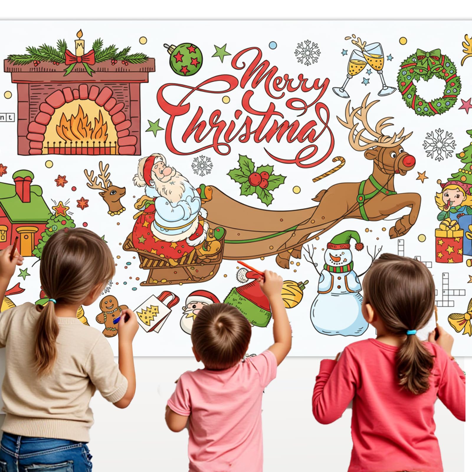 Christmas Coloring Tablecloth 31×72 Inch, Large Table Cover with Santa Claus, Reindeer, Paper Drawing Poster with Christmas Tree, Snowflakes and Gift