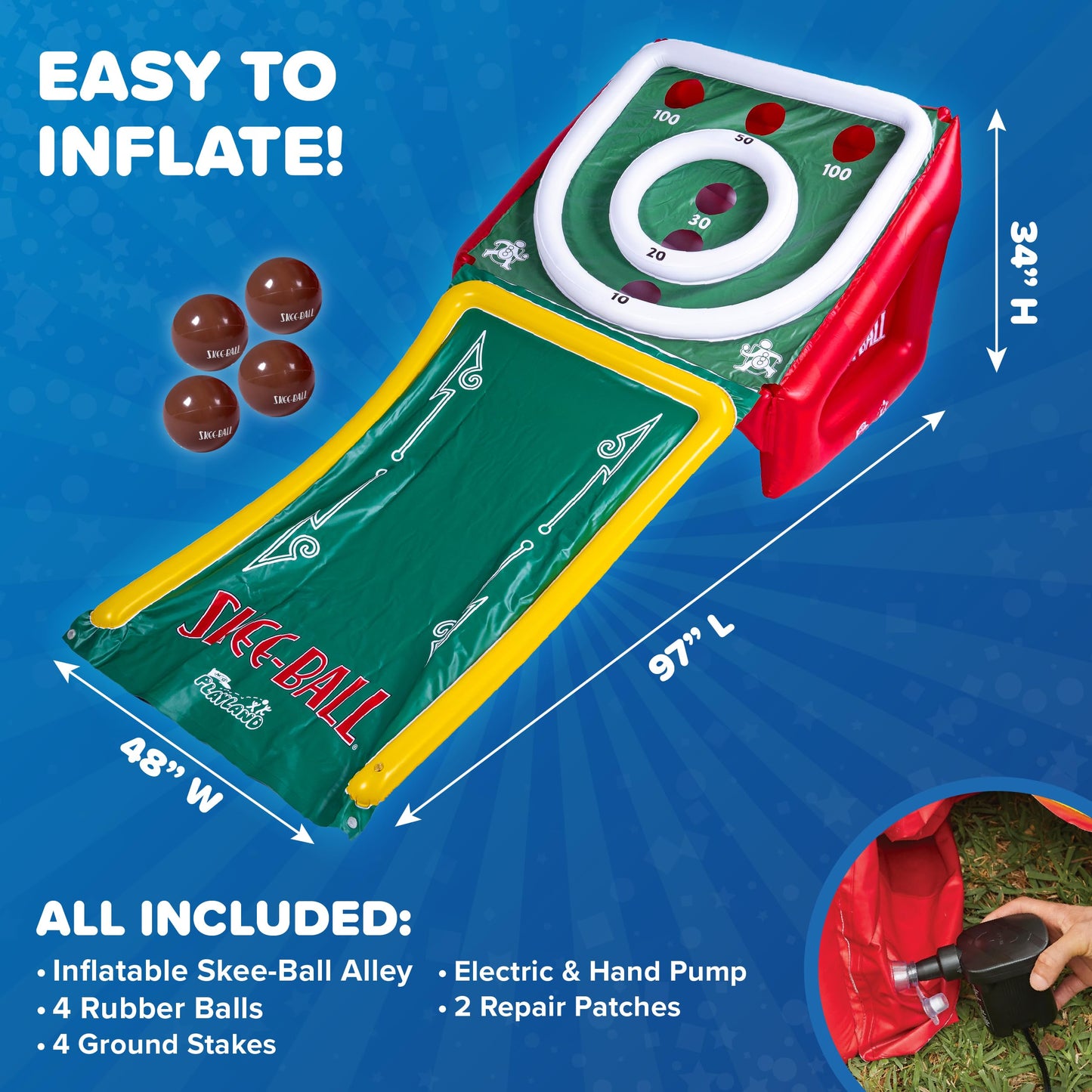Playland Inflatable Skee Ball Game for Kids & Family - 5FT Indoor & Outdoor Arcade Toss Game with Ball Return, 4 Rubber Balls, Electric & Hand Pump