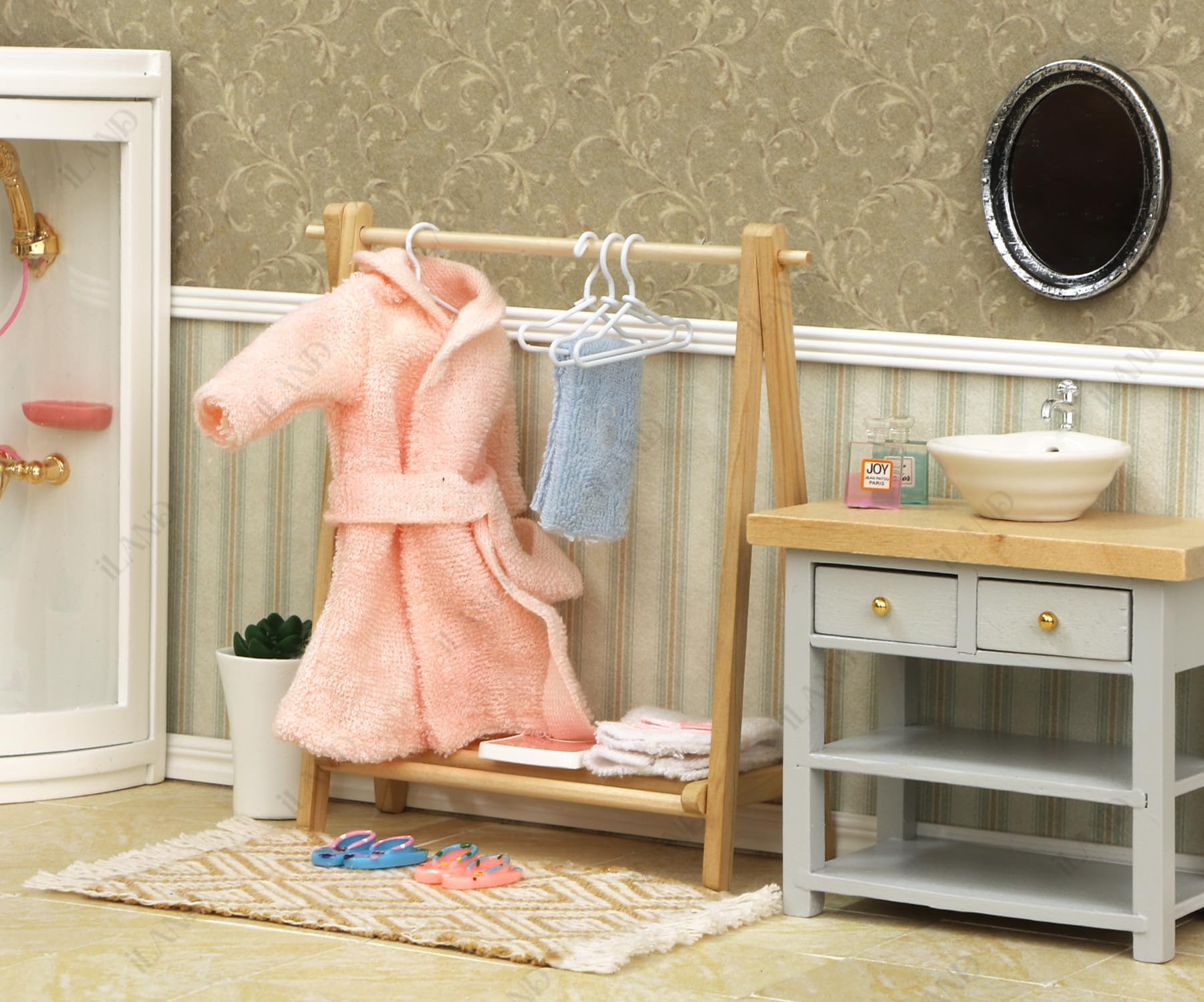 ILAND 1/12 Scale Accessories Dollhouse Miniature Rack w/ 6 Mini Hangers, Plant Hanger for Living Room, Bathroom, Bedroom (1 Foldable Rack w/ 6 Mini