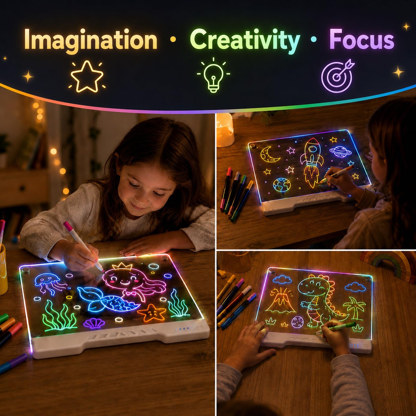 LED Drawing Board for Kids, 16-Inch Rechargeable Doodle Pad, 10 Color Modes,LED Note & Drawing Board, Birthday Gift for Girls Boys Teens
