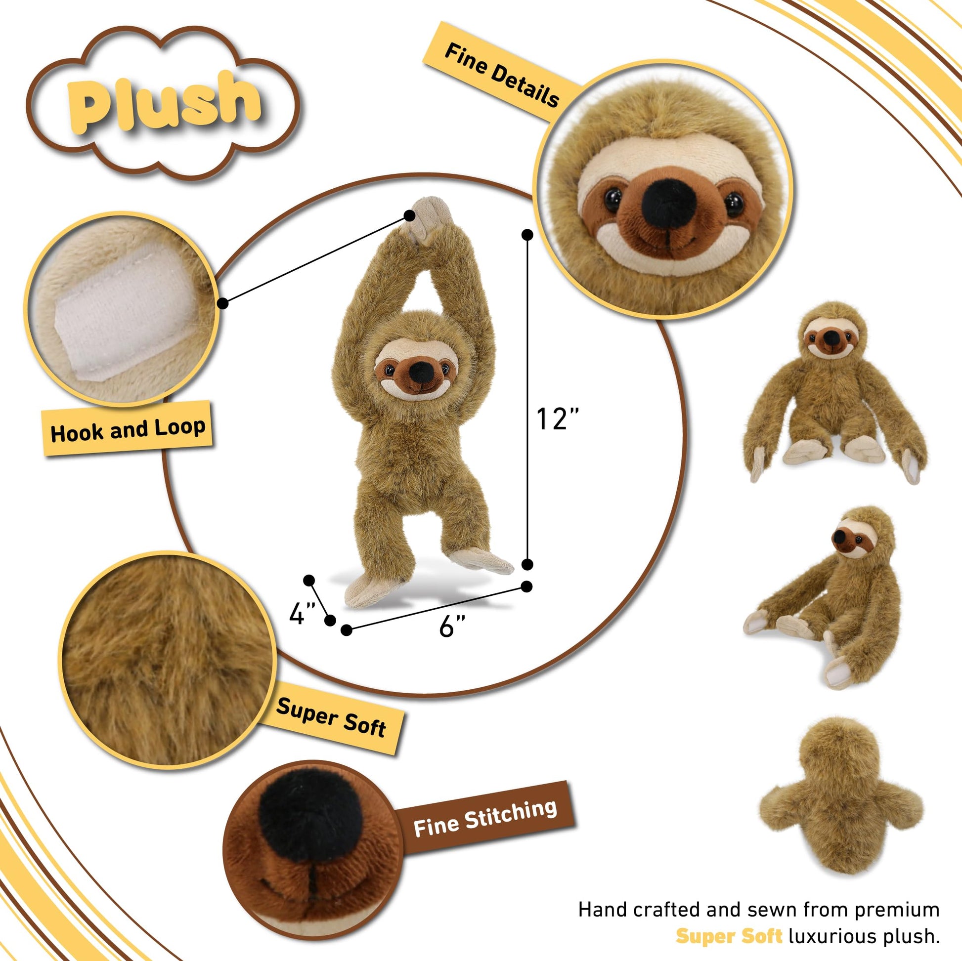 DolliBu Long Arms Hanging Sloth Plush Toy - Super Soft Stuffed Animal Sloth Toy, Cute Plush Wildlife Animal Toys for Kids and Adults - 12 Inches