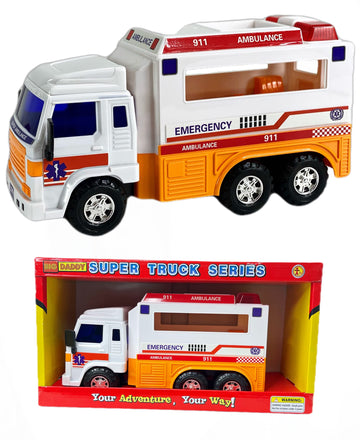 Big-Daddy Meduim Duty Friction Powered 911 Ambulance Toy Truck with Open and Close Back Doors for More Fun Play Time