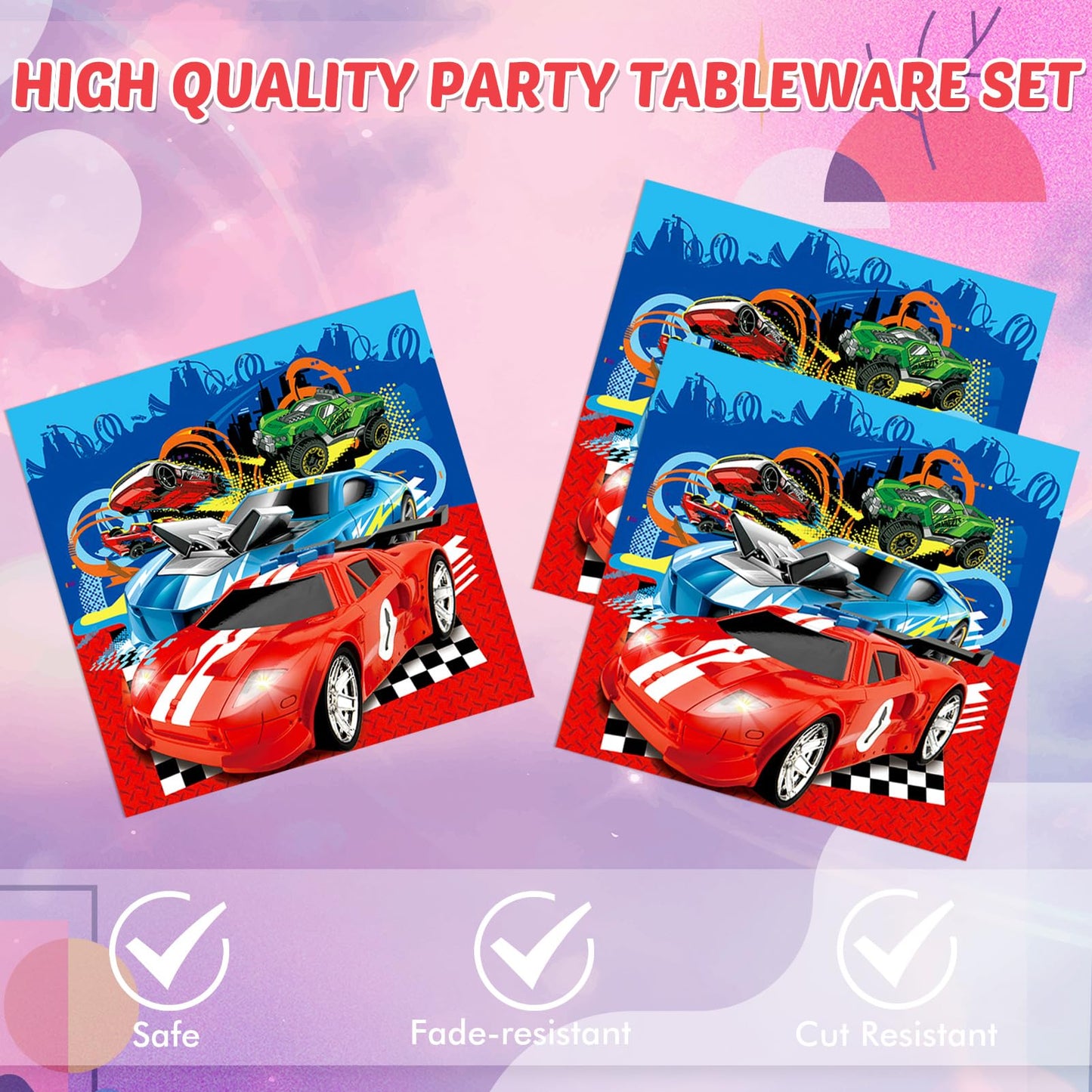 DURYGEN 40 Pieces Cars Birthday Party Decorations Hot Car Disposable Tableware Set Include Racing Car Plates Napkins Party Supplies Kit for Kids Boys