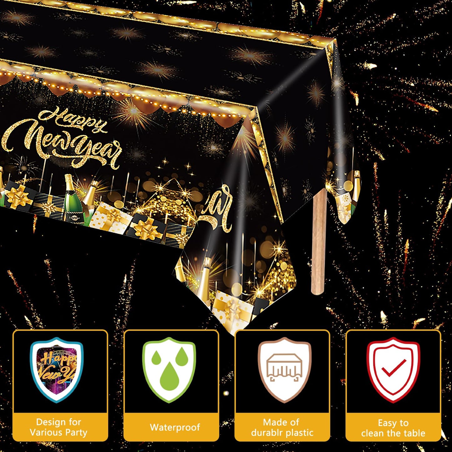 3 Pack Happy New Year Tablecloth with 3 Pack Banners, New Years EVE Party Supplies 2025, Black and Gold Rectangle Disposable Tablecloth and Banner